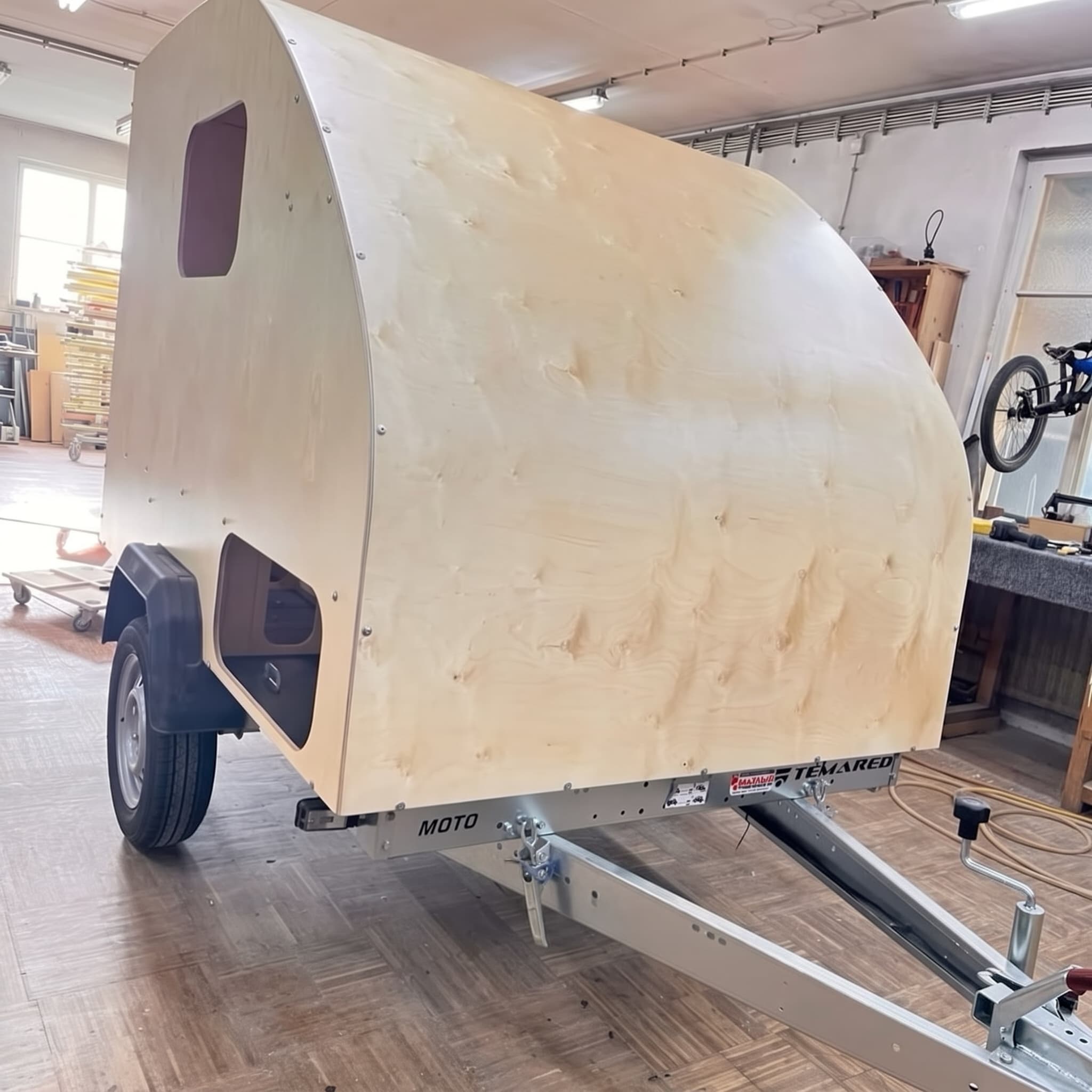 Werkstatt der Holzwerkstatt Deliu mit einem Camper im Rohbau aus Birkensperrholz