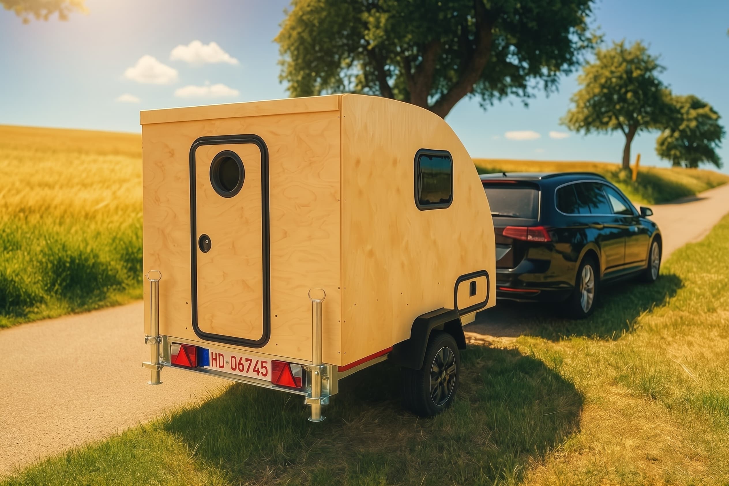 Mini-Camper Car Woody aus Holz hinter einem Auto an einem Feldweg
