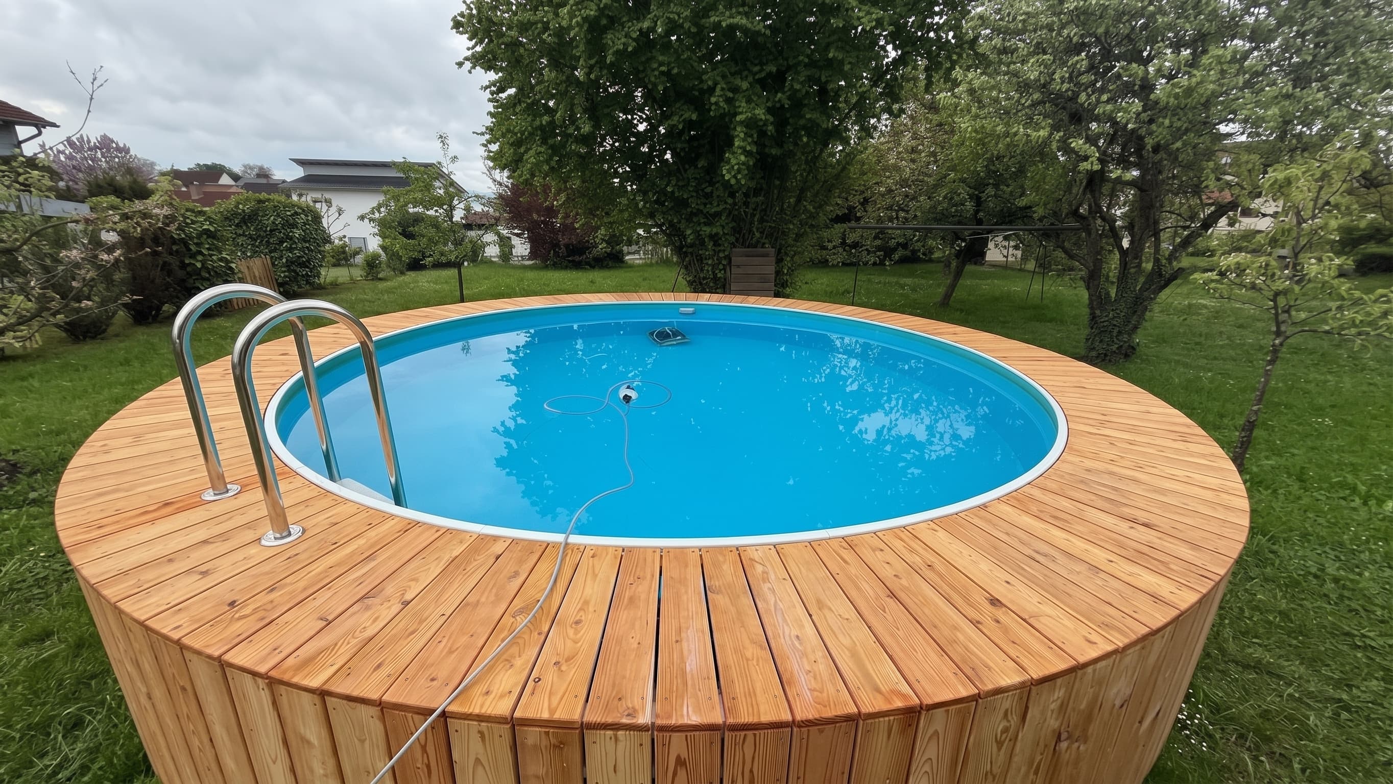 Runder Pool mit umlaufender Verkleidung aus Lärchenholz in einem Garten