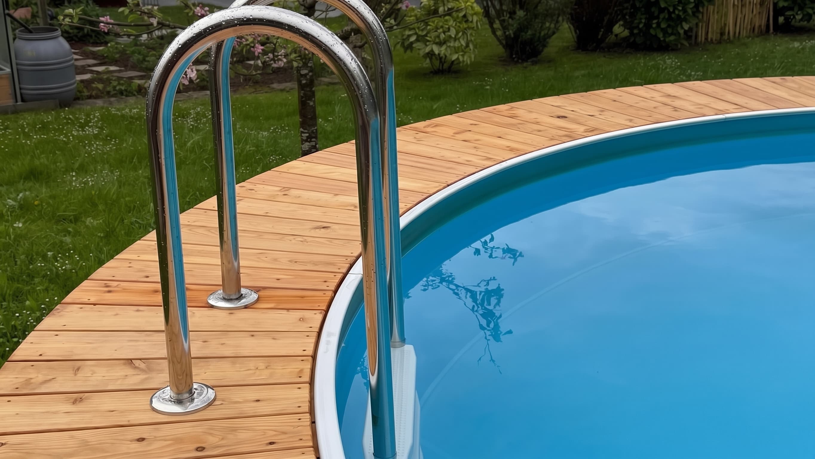 Edelstahlleiter auf einer Poolumrandung aus Lärchenholz